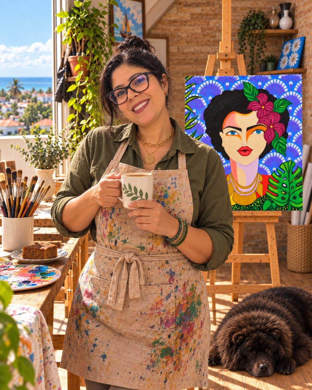 Gilnanda Oliveira no ateliê, com uma xícara de café