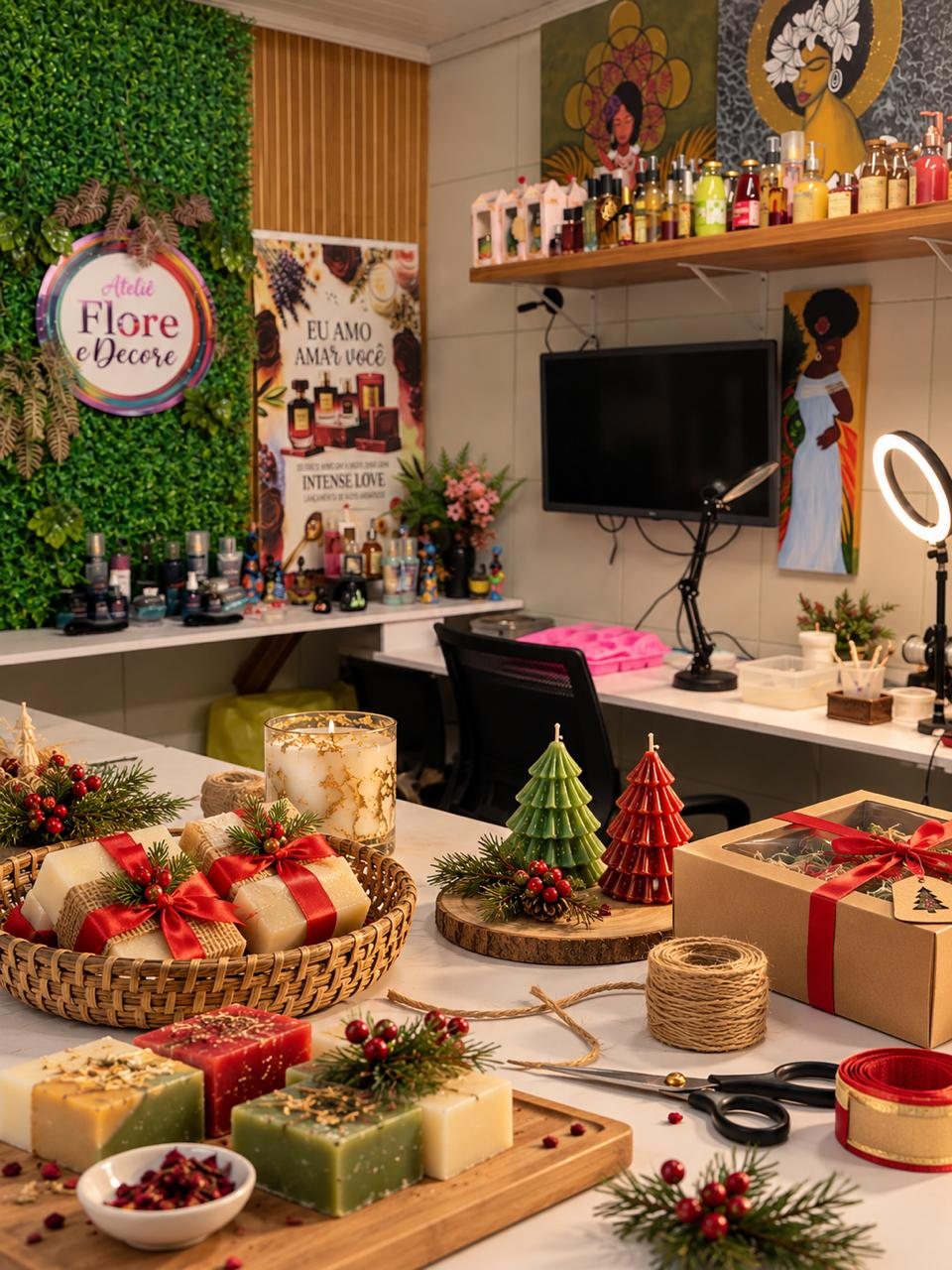 Bancada do Ateliê Flore e Decore com sabonetes artesanais, velas e presentes